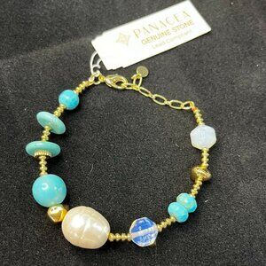 Panacea Genuine Stone Turquoise Bead Pearl Accent Bracelet Gold-Tone NWOT